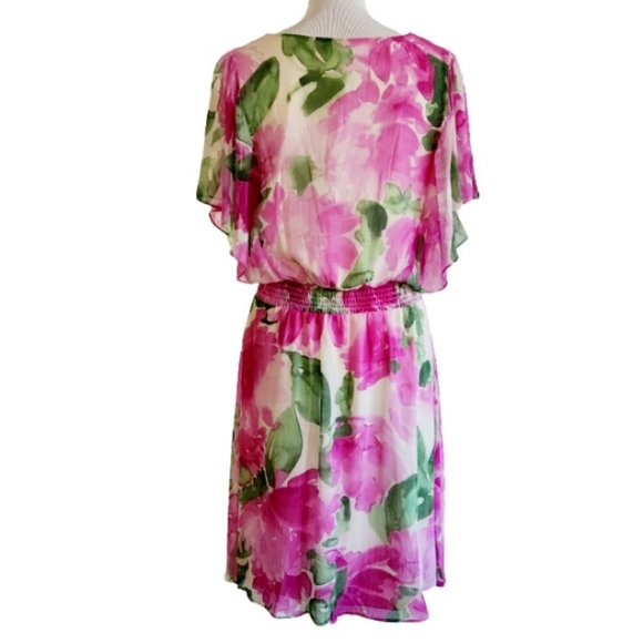 🆕️⬇️DKNY V-Neck Floral Flared Sleeve Smocked Waist Dress - Picture 8 of 13